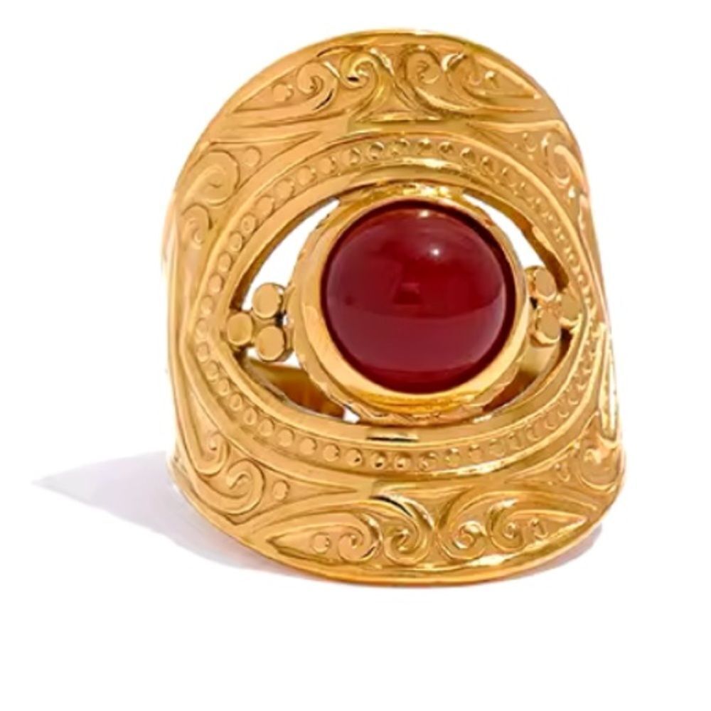 Gold Plated Stainless Steel Vintage-Style Ring with Red Stone - Picture 1 of 10